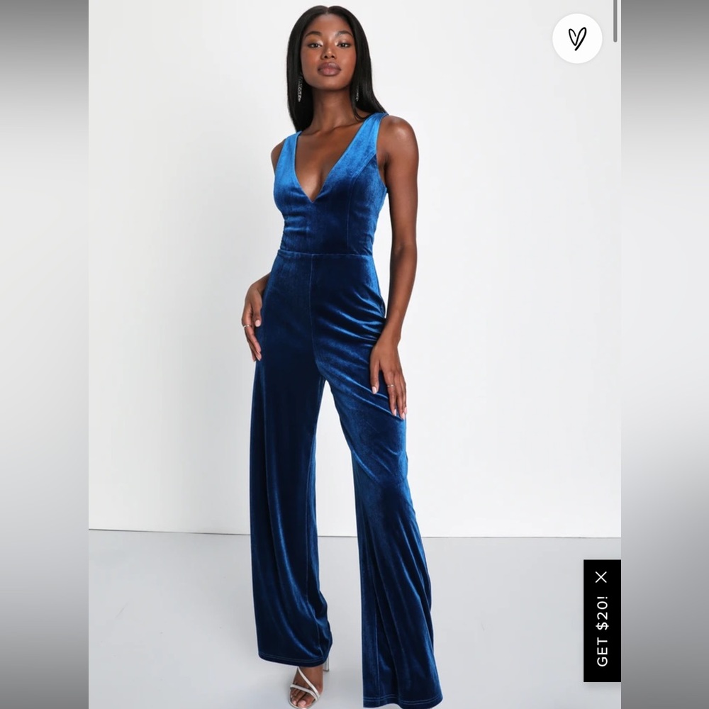 Lulu’s Exceptional Presence Blue Velvet Sleeveless Wide-Leg Jumpsuit
